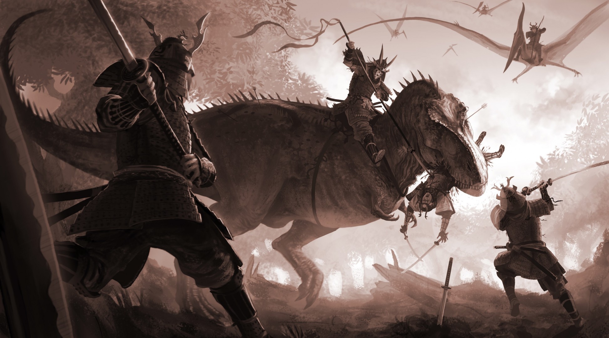 art arvalis superman t-rex dinozaur bitwa miecz jaszczur samuraj katana