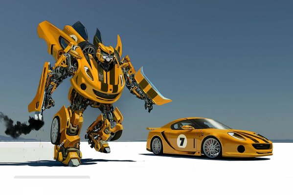 Transformer in the form of a yellow racing car