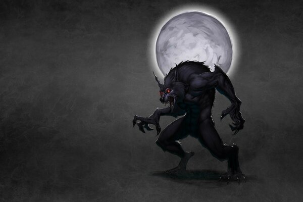 A werewolf with red eyes and the moon