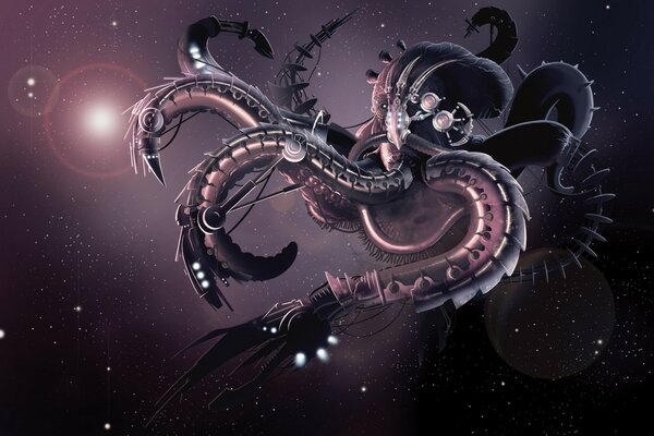 Robot octopus with big tentacles in space