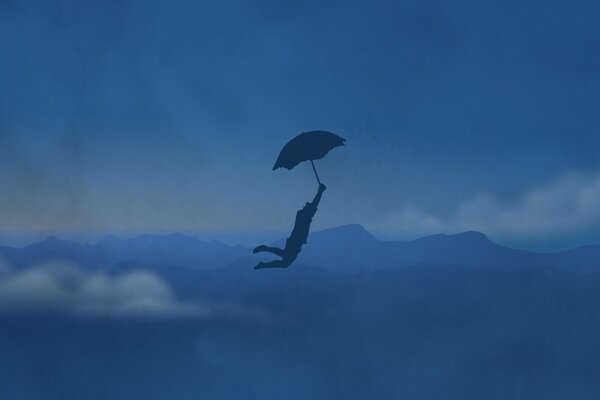 A frightened man flies with an umbrella