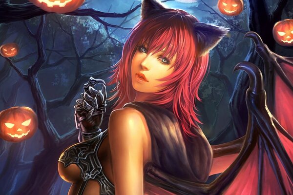 A red-haired girl against the background of night ghosts