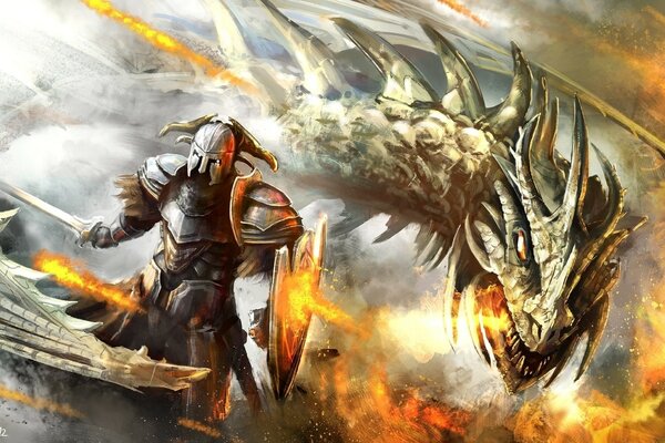 Bataille de guerrier avec dragon de feu