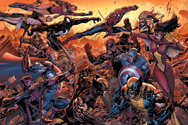 Spider-Woman, Spider-Man, Wolverine and Captain America in the New Avengers