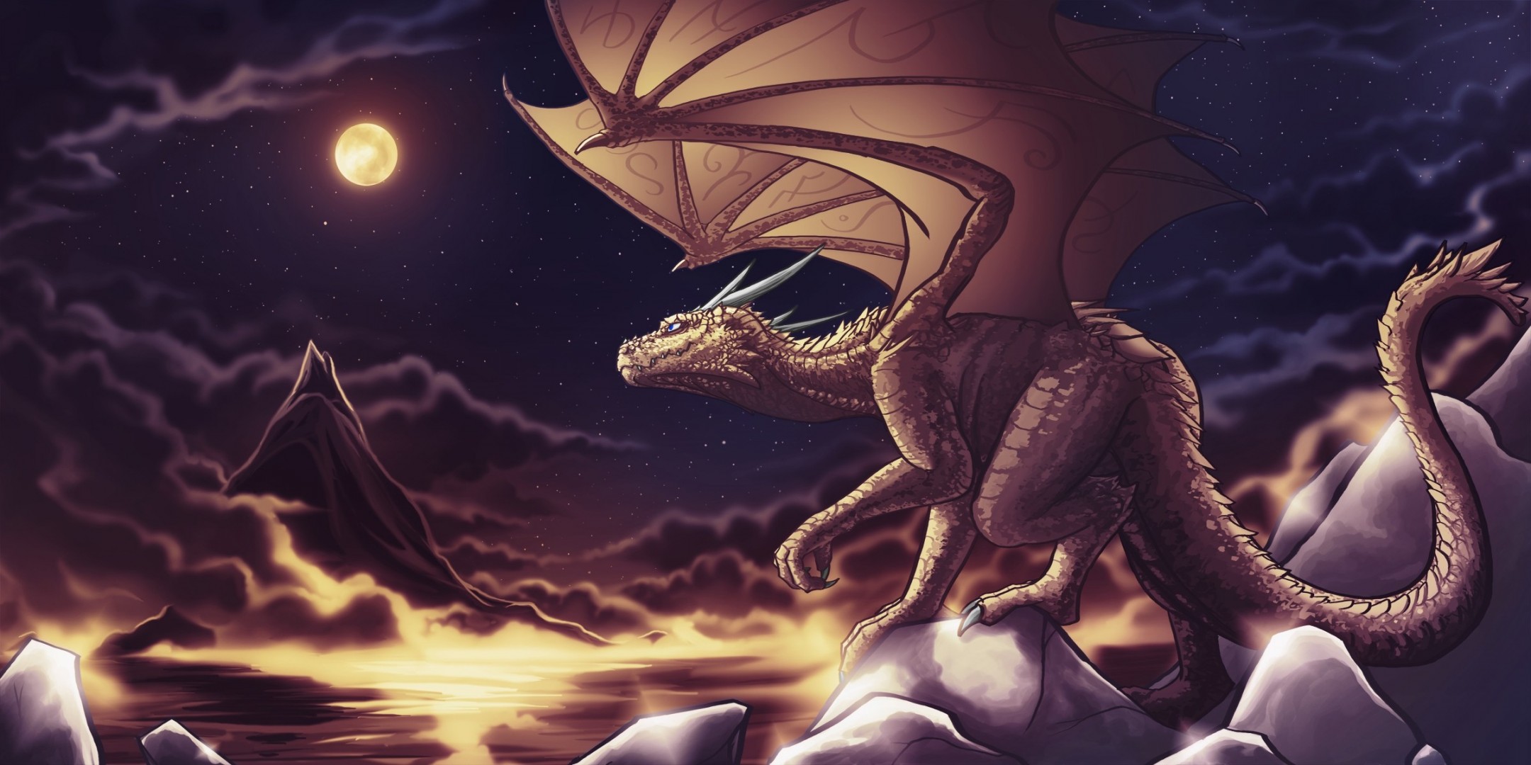 clouds night tail dragon sky horn moon fiction wings rock