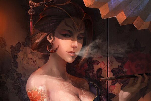 Beautiful geisha girl with a smoking pipe in her hands