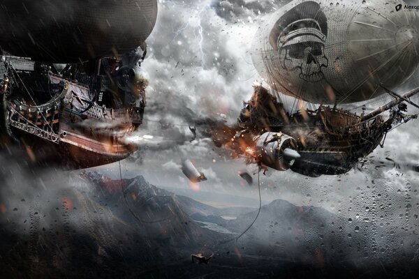 Art of the battle of the airships and an explosion in the sky