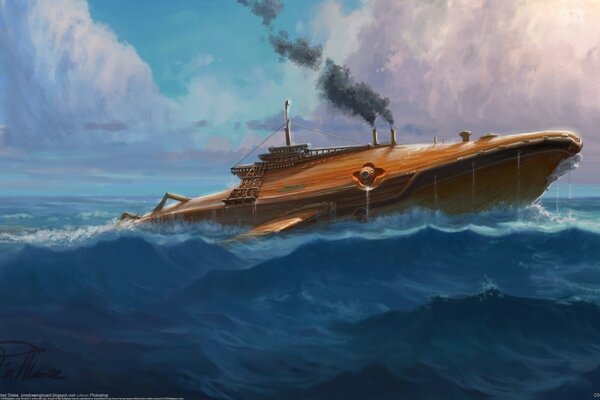 Statek okręt podwodny rury dym morze fale