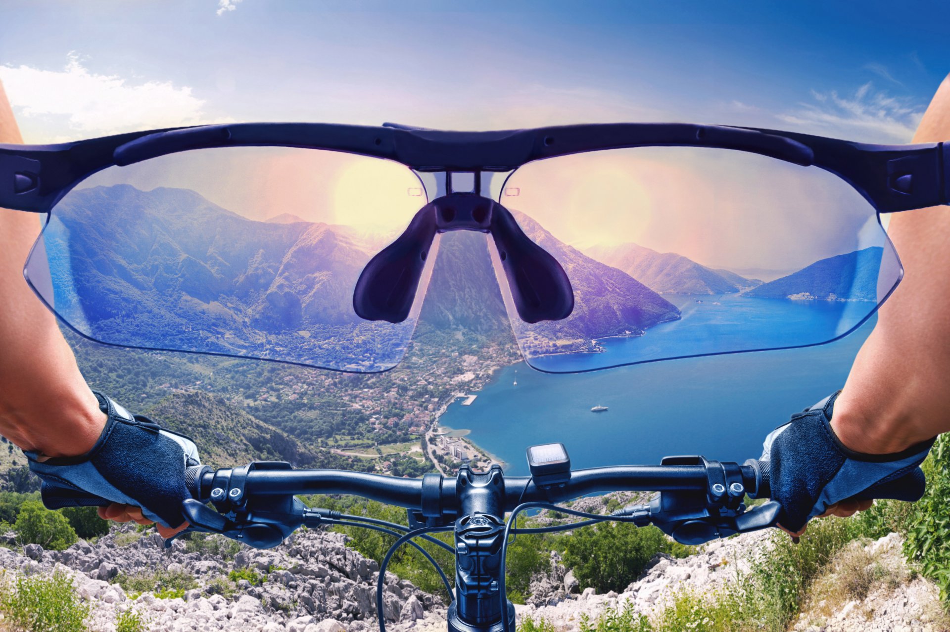 ports cycling bicycle view from first person cycling equipment helmet sunglasses glasses concentration gaze goal racer jump overcoming obstacles extreme earth air sun mountains beautiful background travel my planet bokeh wallpaper