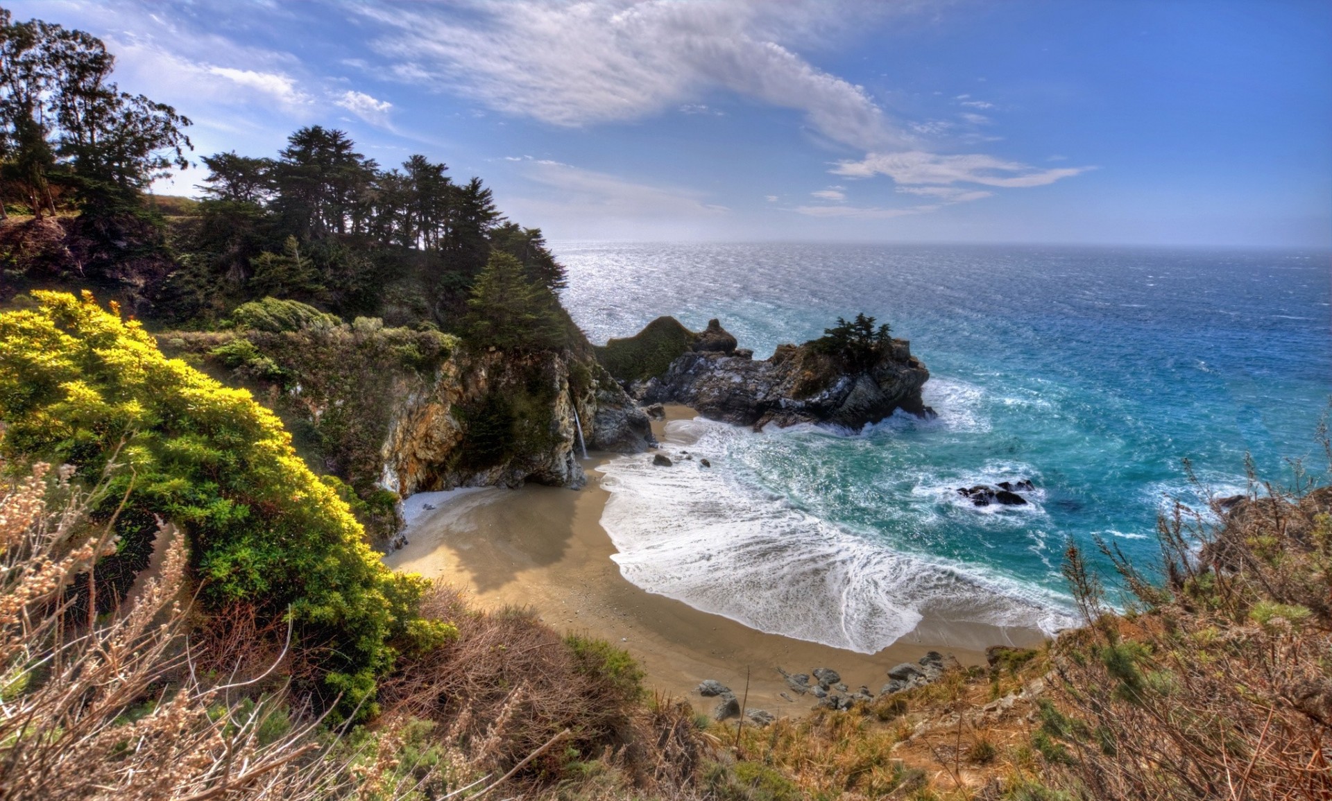 california ocean bay waterfall rock