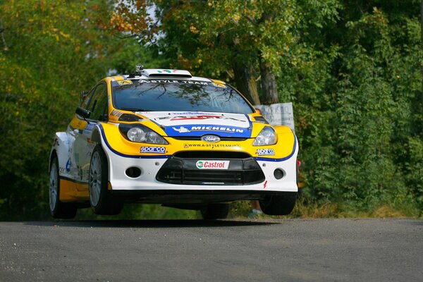 Cooles Foto von der Rallye im Wald. Foto von Auto Ford bei der Rallye