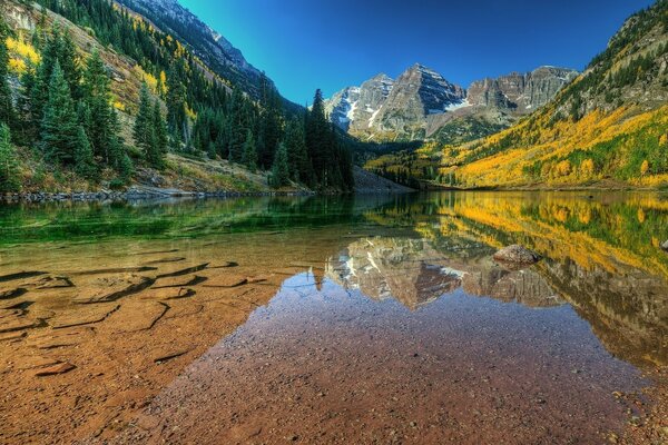 Lago transparente al pie de la montaña