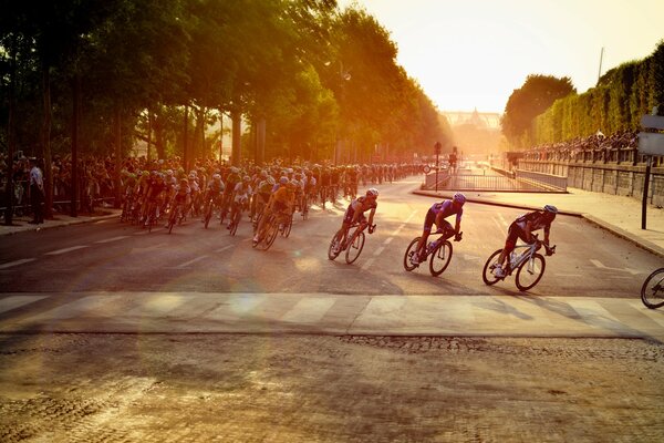 Спортсмены велогонщик на дороге Парижа