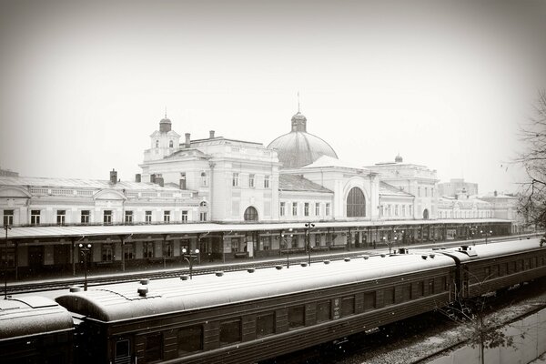 Gare, train, neige, hiver, chemin de fer