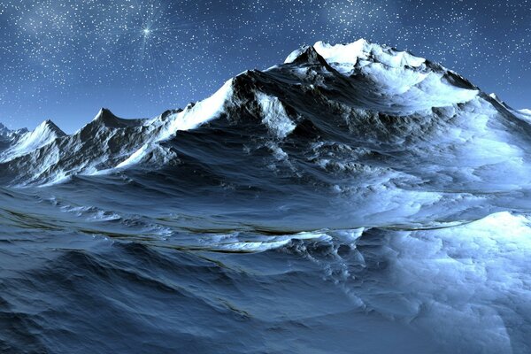 Cielo estrellado , frío helado, montañas cubiertas de nieve