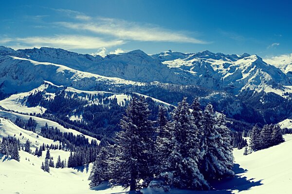 Paisaje de invierno, montañas, nieve 