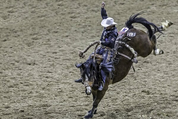 Cowboy mit einem Rodeo-Hut, der auf einem Pferd reitet