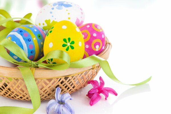 Easter eggs in a basket with a ribbon