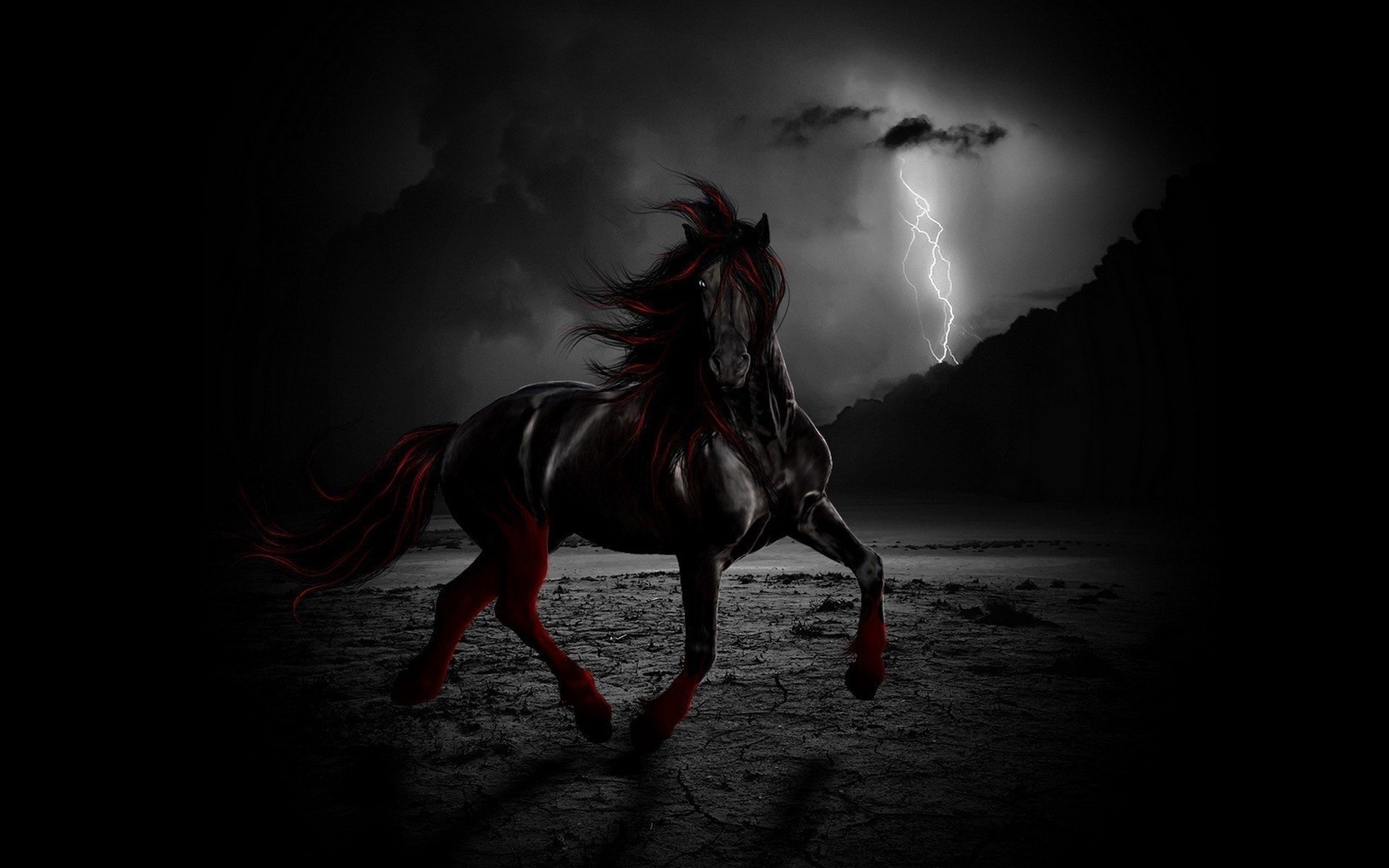 cheval photoshop fantaisie fond sombre foudre