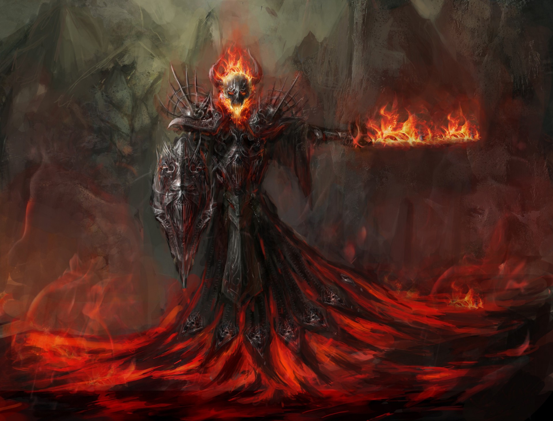 fire art lava horn shield sword armour fiction demon