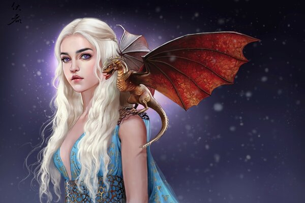 Drawing of a girl from Game of Thrones with a dragon on her shoulder