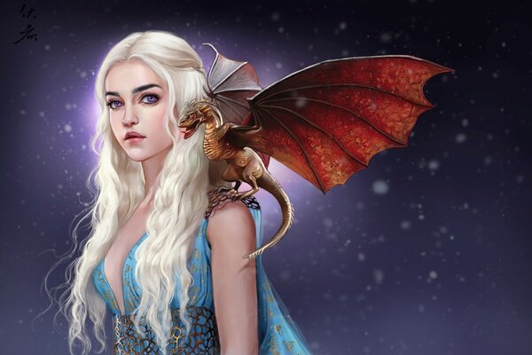 Dessin d une fille de Game of Thrones avec un dragon sur l épaule