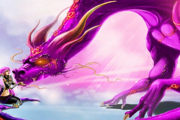 A bright picture of a girl with a purple dragon