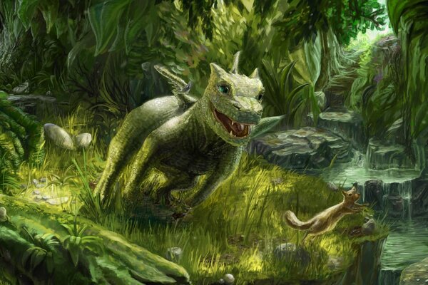 Cute dragon runs in nature