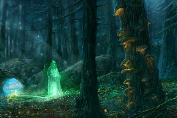 Bosque mágico iluminado por la luz de un extraño desconocido