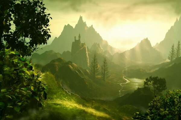 Valle verde di montagna all alba
