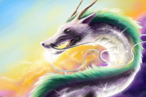 A rainbow dragon that looks like a fox