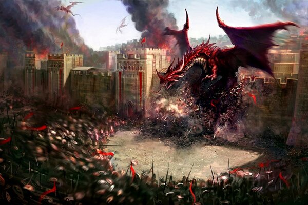 Un dragon capturé par les chevaliers dans une ville détruite