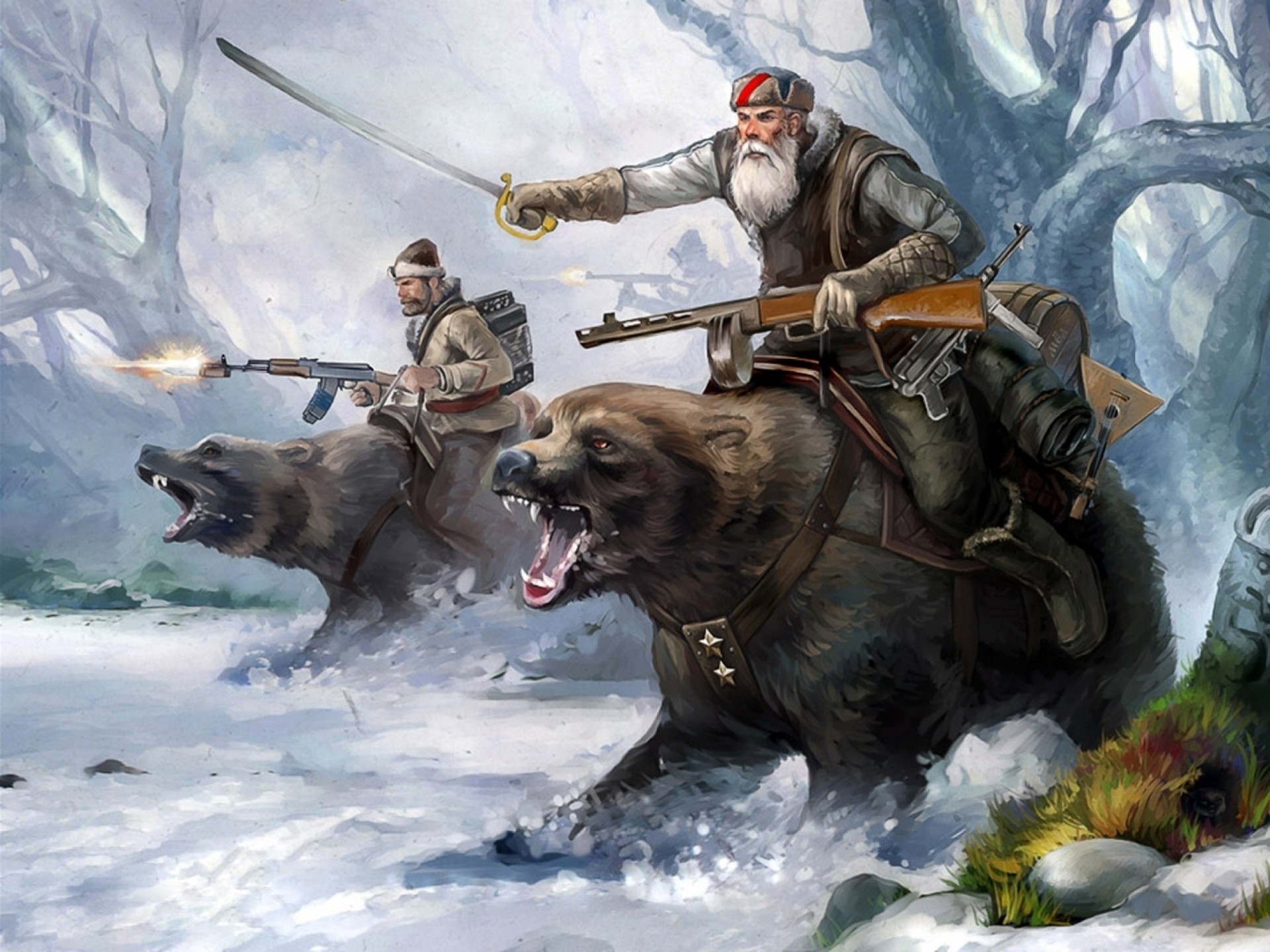 bears snow palm forest winter men machine gun