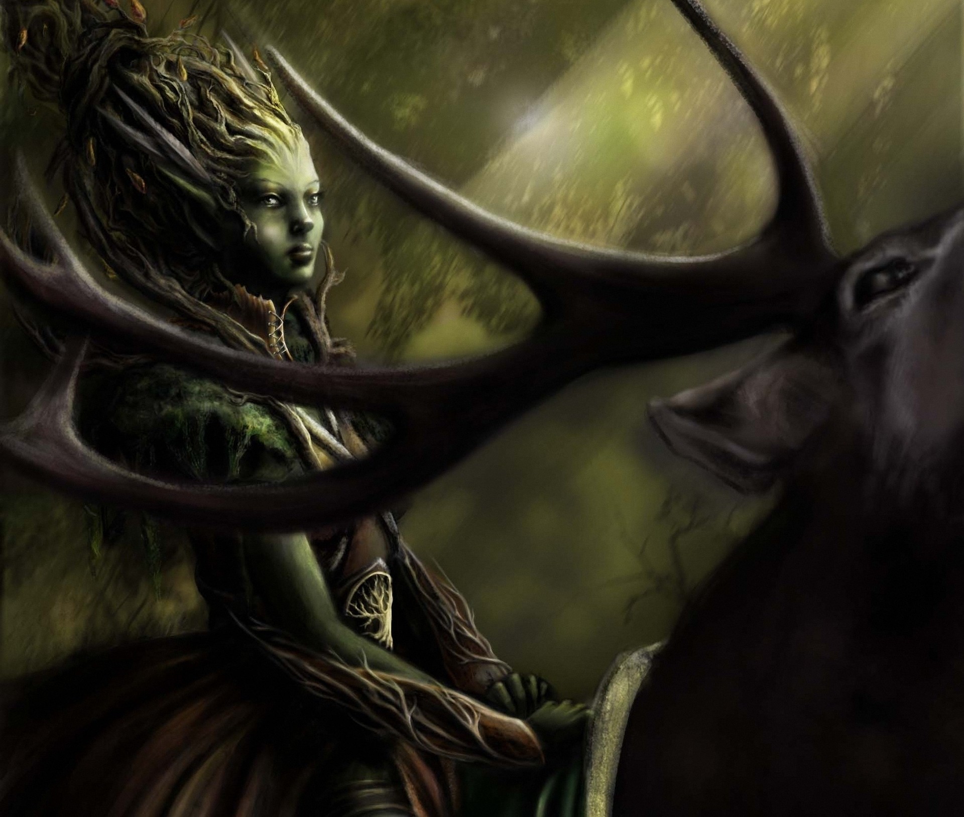 art girl dryad forest horn reindeer