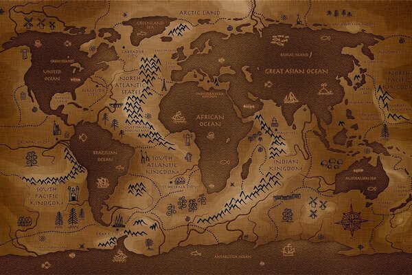 Map of the earth, continents of the oceans and the wind rose