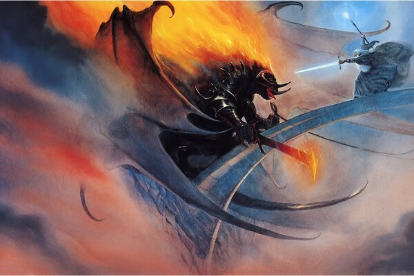 Drawing image of the battle of Gandalf and Balrog on the bridge