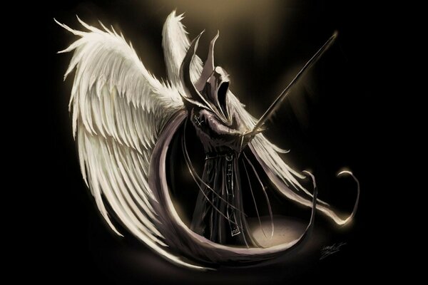 Un démon aux ailes blanches tient une épée