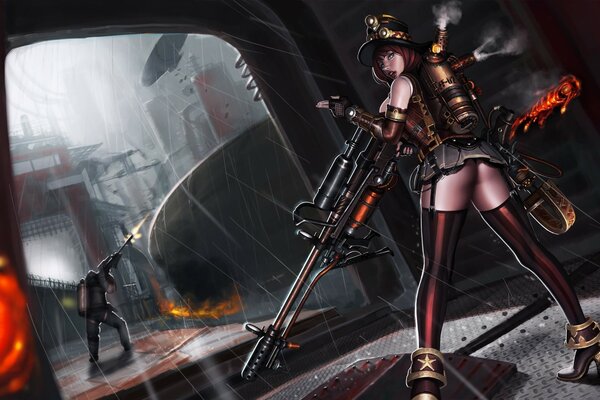 Imagen de una chica steampunk con una falda corta y medias