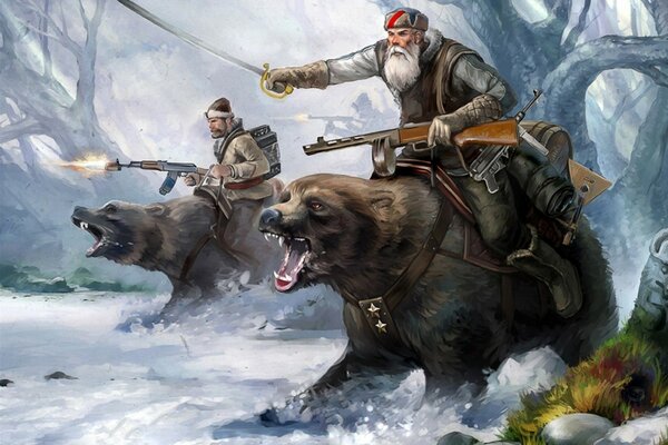 Soldiers with guns riding brown bears with guns in their hands