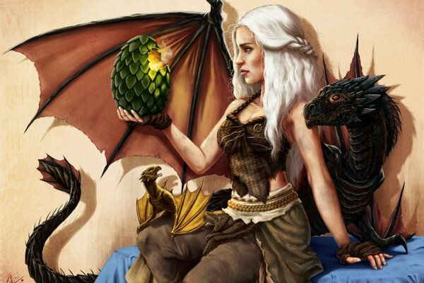 Imagen de daenerys del juego pristolov con un huevo de dragón en la mano