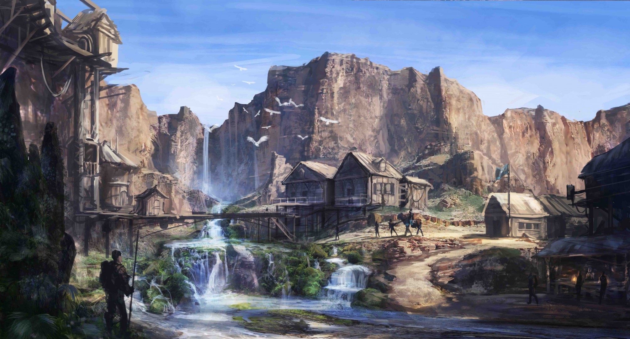 art waterfall river oasis settlement people rock house