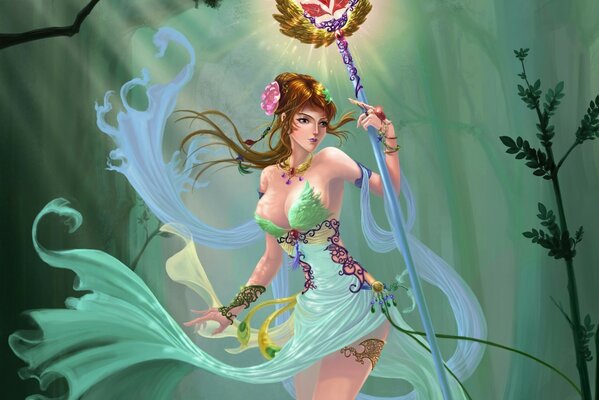 A girl with a magic staff in an airy dress