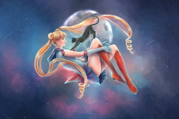 Sailor Moon with a cat on the background of the moon