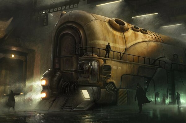 Drawing an image of a large locomotive and people in a dramatic style