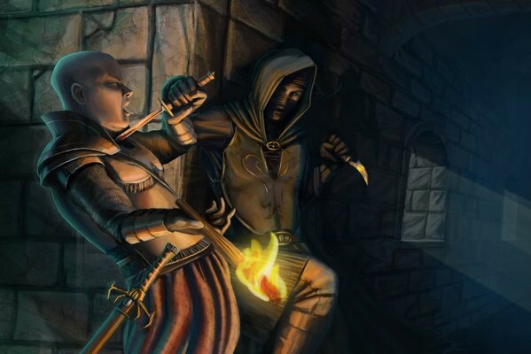 A hooded stranger kills a guard with a torch