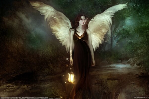Chica con alas de ángel con linterna