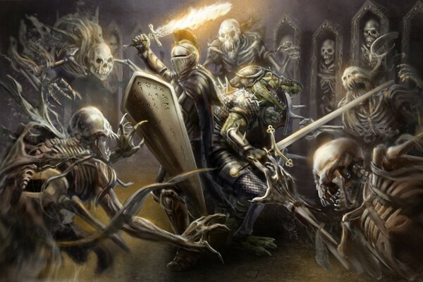 Skeletons fight knights in armor