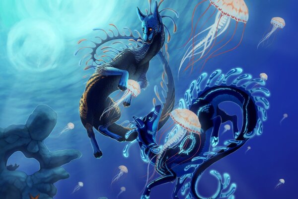 Des créatures fantastiques nagent sous l eau avec des méduses