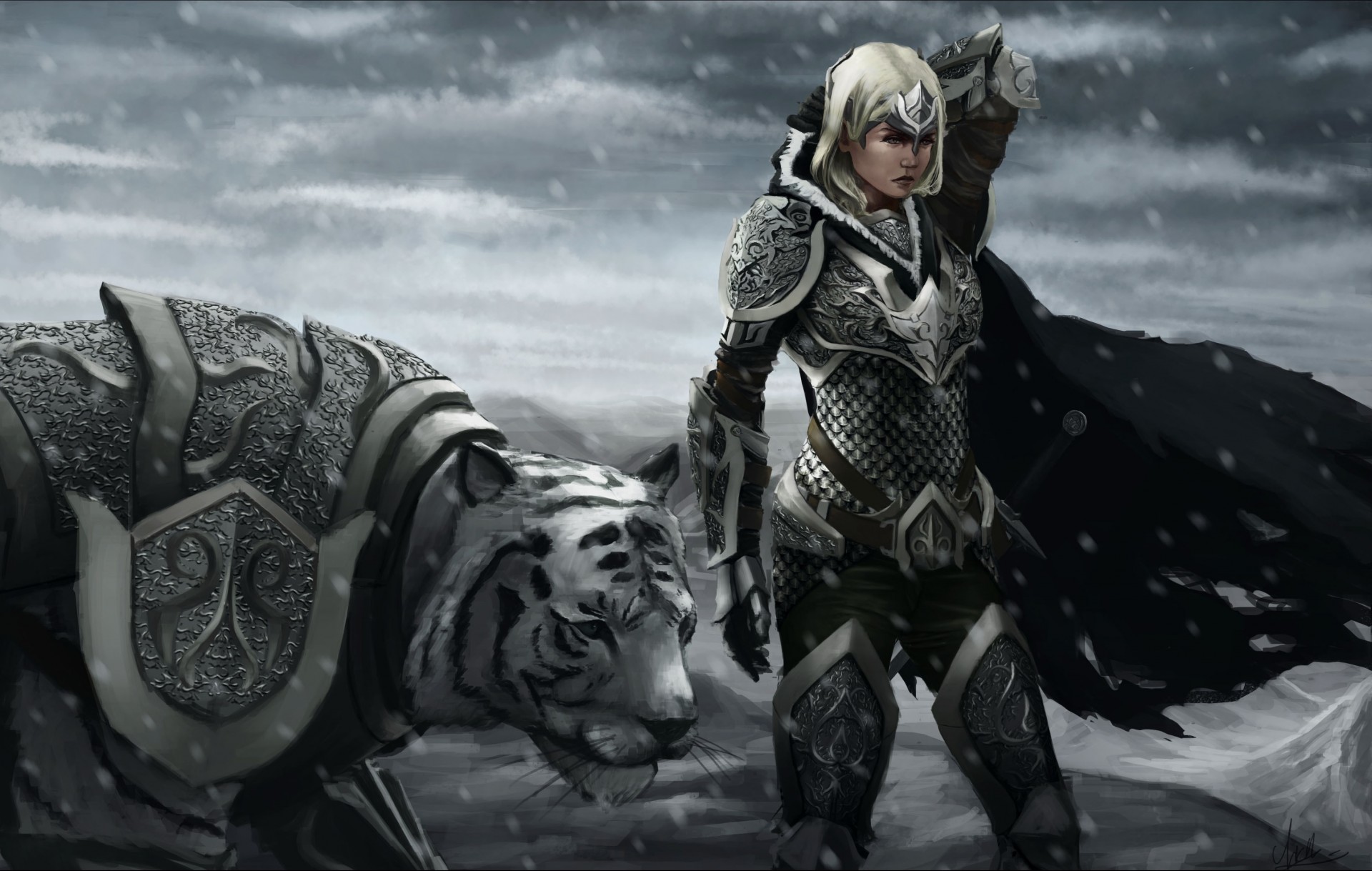 arte chica frío nieve viento tigre capa blanco