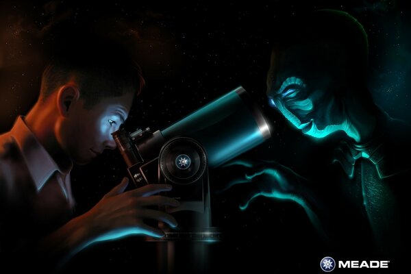 Astronomer watching an alien, against the background of the starry sky